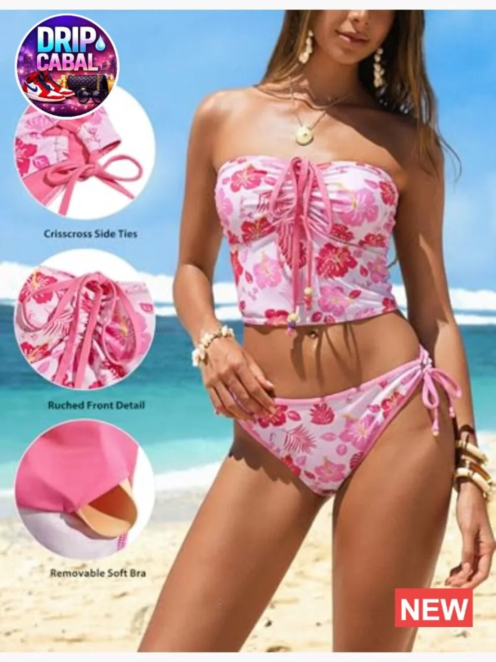 Tankini Set with Side Tie Bottoms Halter Ruched 2 Piece Bikini